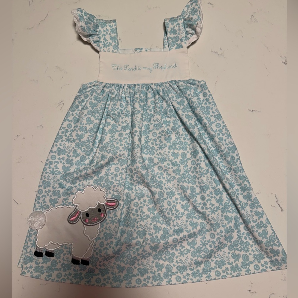 Blue Floral Dress with Lamb Applique